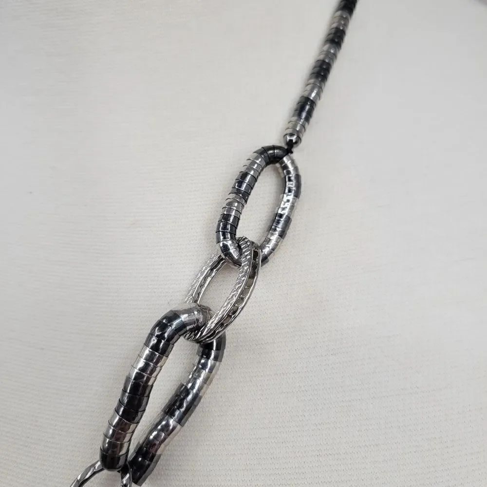 Chicos Silver Gunmetal Tone Y Drop Ball Tassel Link Articulated Necklace 29-33” - Picture 5 of 9